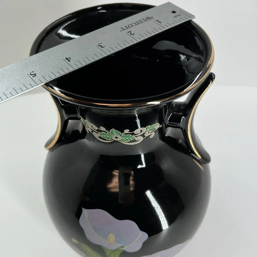 Vintage Japanese Black Floral Vase Calla Lily Vase Gold Trim Dual Handle Decor